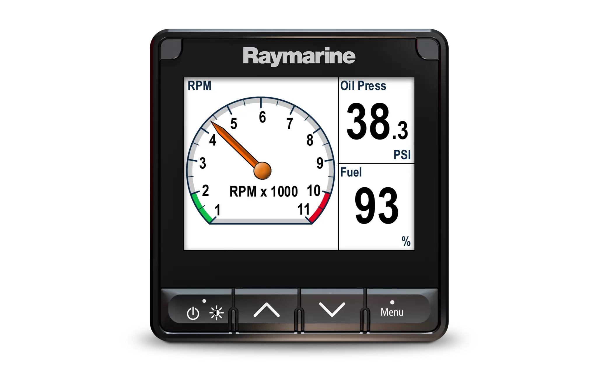 Raymarine i70s display showing engine RPM, oil pressure and fuel data