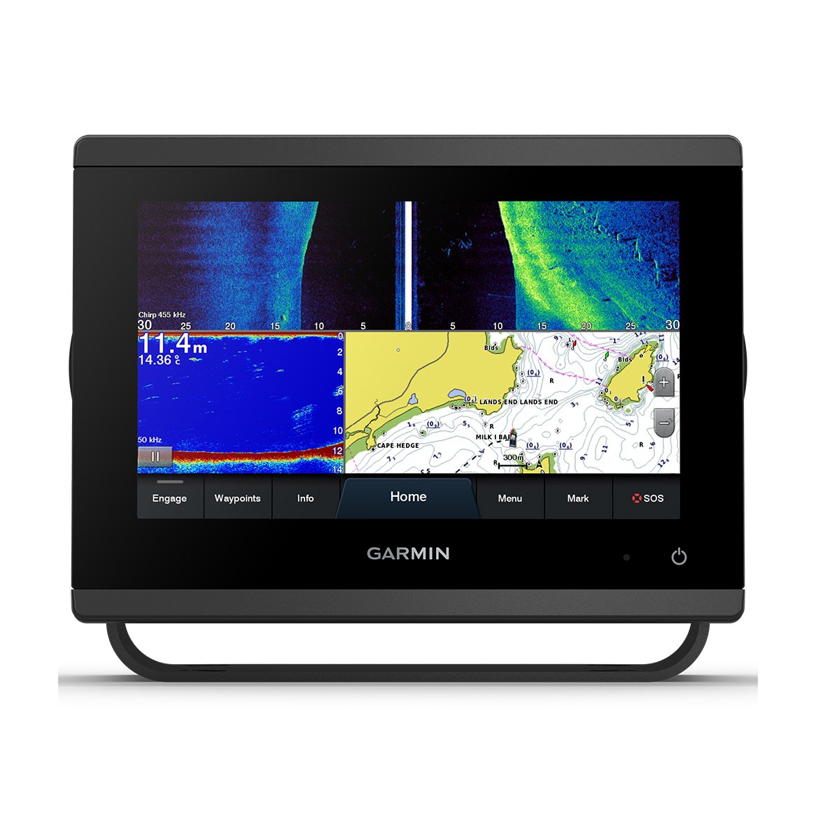 Garmin GPSMAP 723xsv front view with chart and sonar demonstration