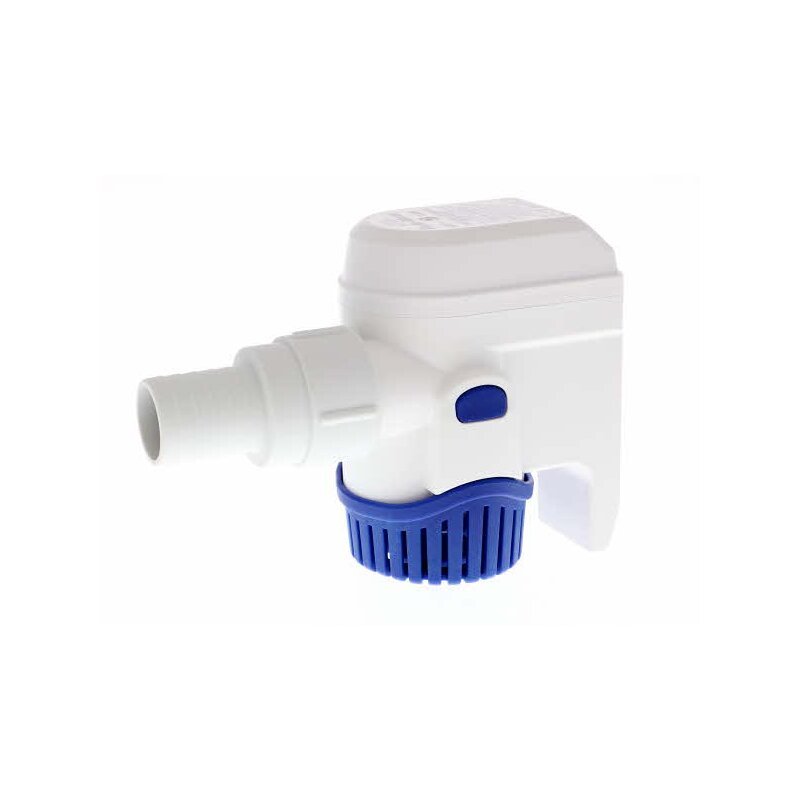 Rule-Mate RM1100B automatic bilge pump with white body and blue strainer base